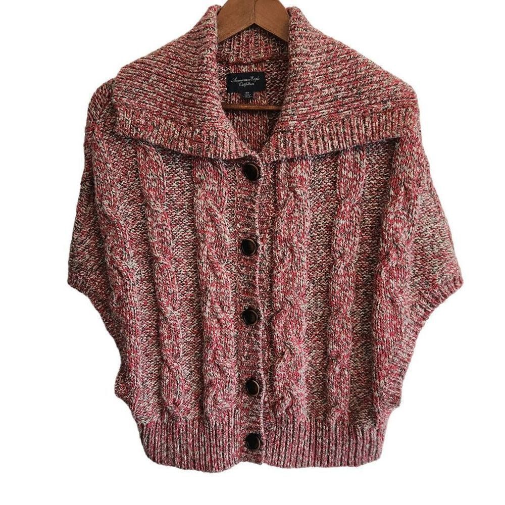 American Eagle Sweater Cardigan Womens Medium Knit Button Front Short Sleeve Red